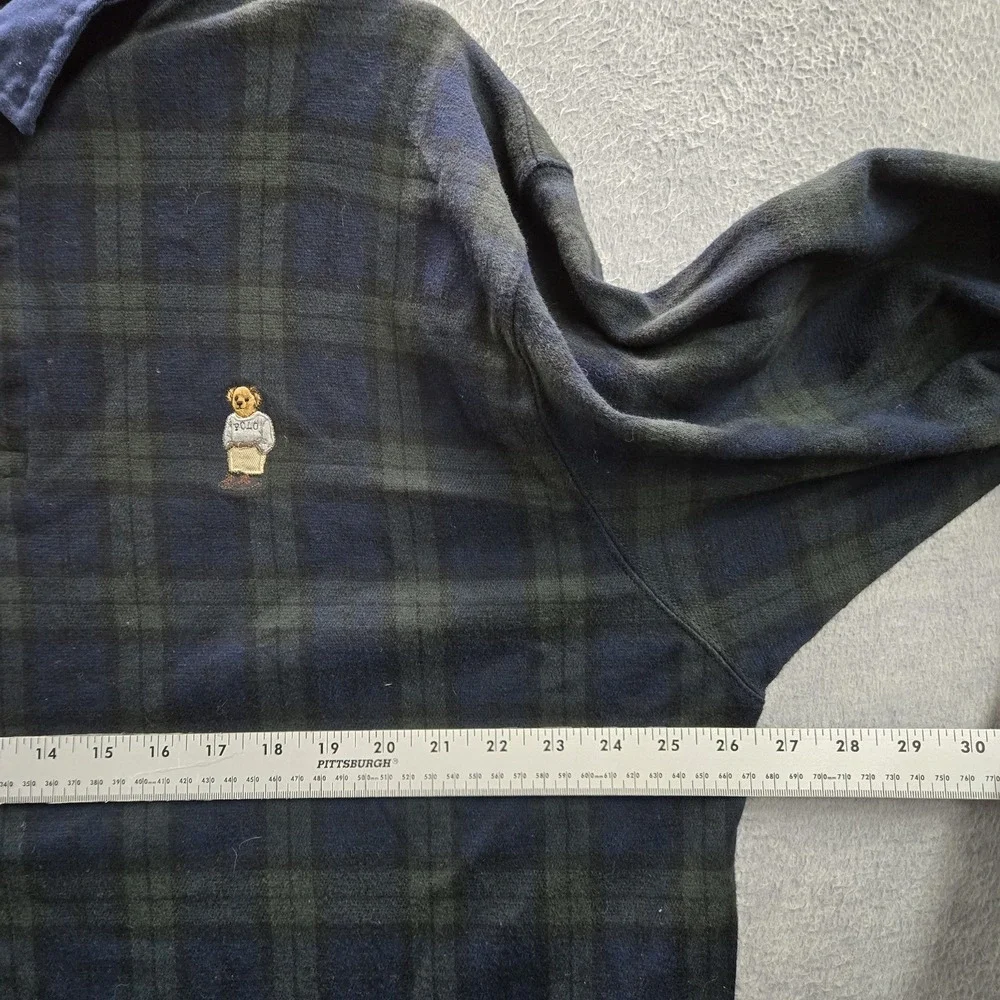 VINTAGE Polo Ralph Lauren Men Polo XL Navy‎ Bear Embroidery Plaid Blackwatch 90s